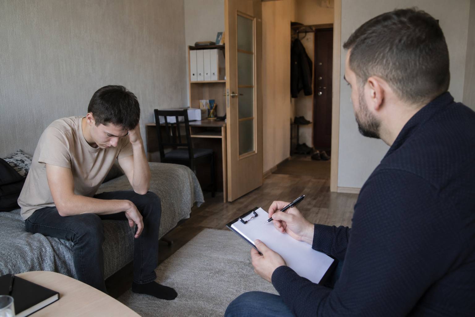 Специалист обсуждает с подростком лечение наркотической зависимости